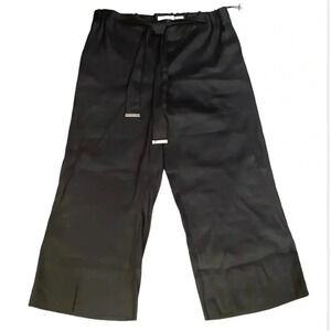 Calvin Klein Black Linen Blend Crop Wide leg Pants Size M Stretch waist Tie NWT